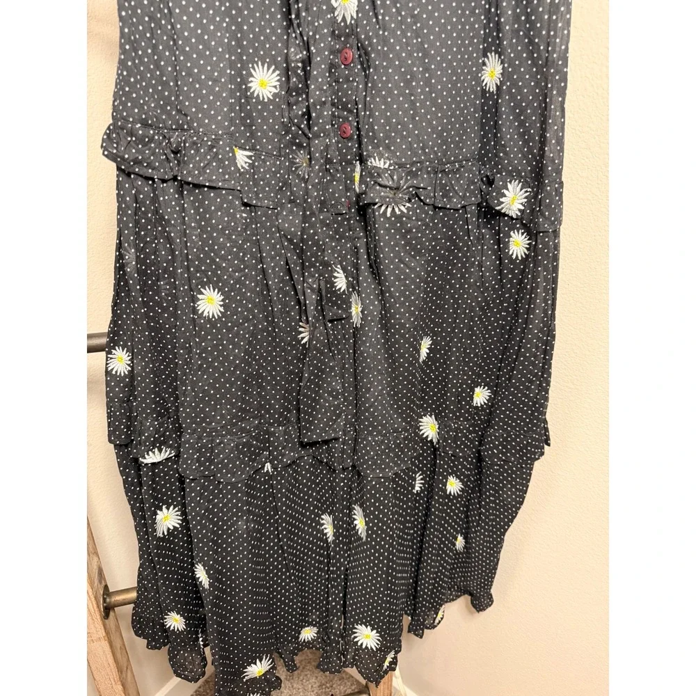 Free People Black Daisy Polka Dot Tiered Midi Dress Button Small
